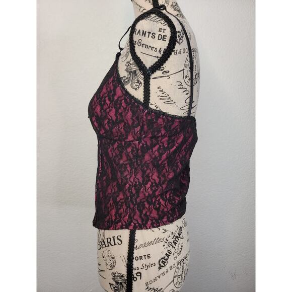 Y2K Pink Black Lace Overlaid Corset Top M Goth Ravewear Lace Up Romantic Fairy - Picture 6 of 8